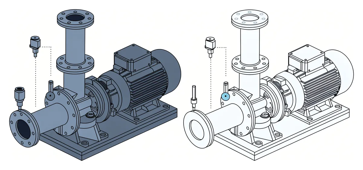 A centrifugal pump and motor set beside its digital twin, an exact wireframe replica at the same scale, with sensors on the pump casing and suction pipe