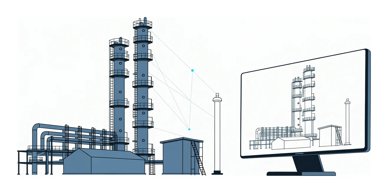 Gas processing plant beside a screen showing the same plant as a 3D wireframe model, its digital twin